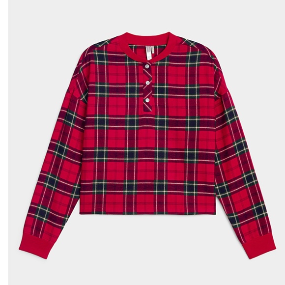 Red plaid check tartan organic cotton cabin lounge check shirt NWT - Picture 2 of 14